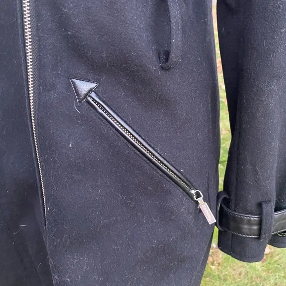 Barbour Black Wool Trench Coat Leather Collar Women's Size 4 - Picture 7 of 14